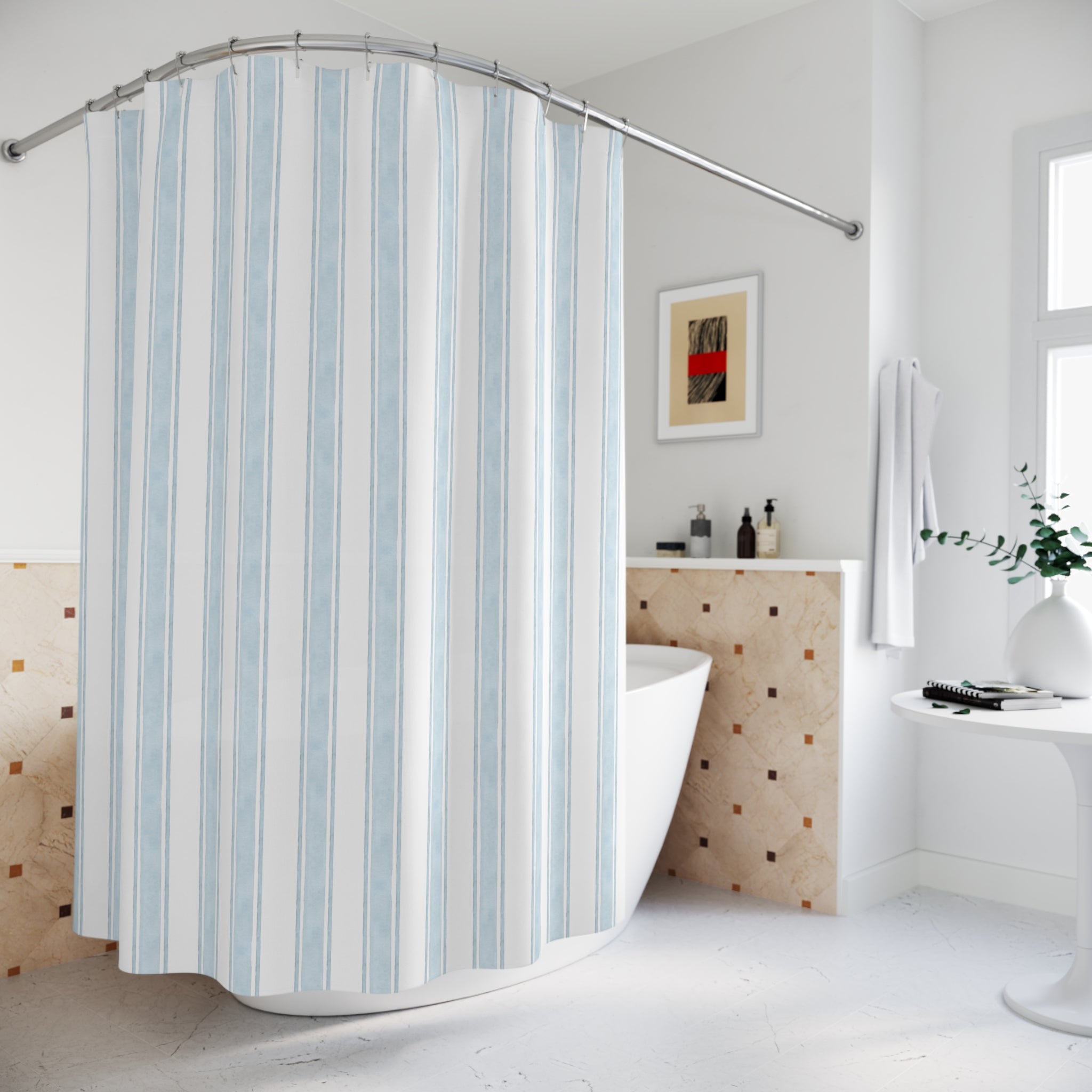Soft Blue Vertical Stripe Bathroom Curtain
