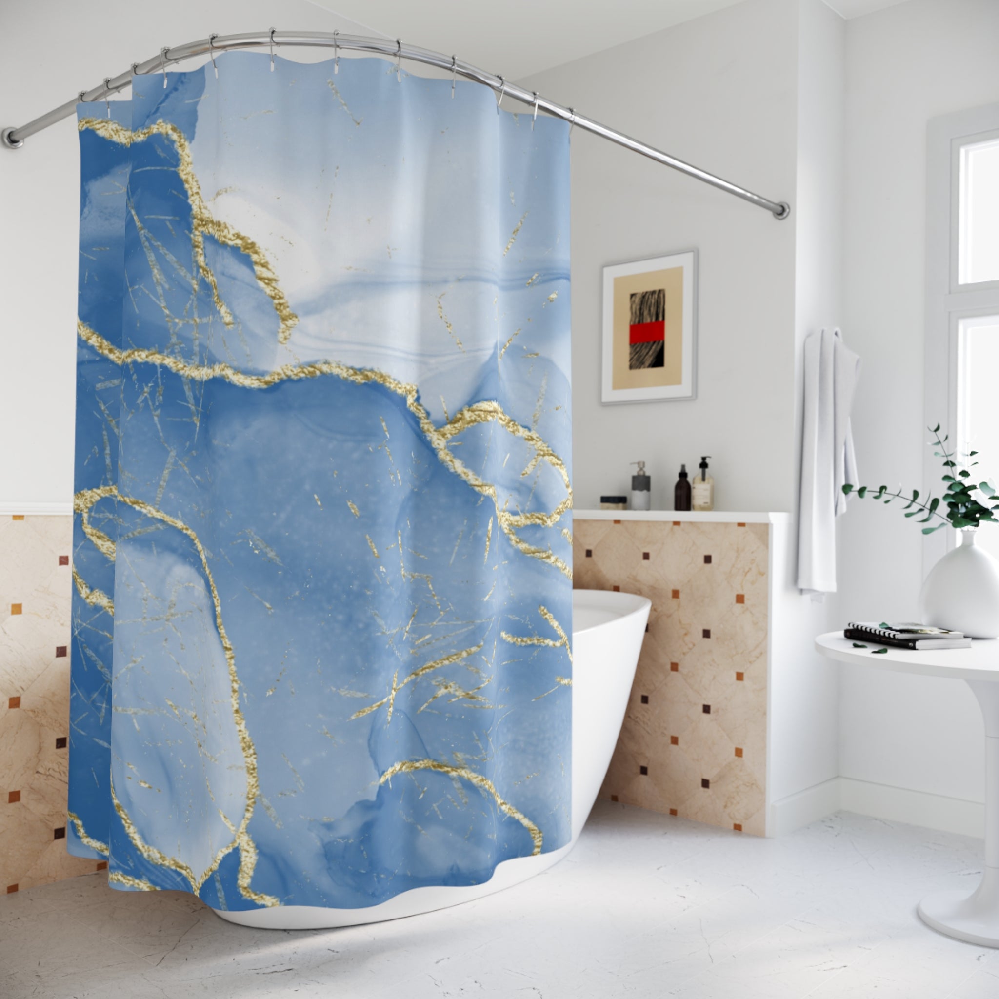 Elegant Blue Marble Shower Curtain with Gold Accents, Luxe Bathroom Decor, Spa Vibes, Modern Home Accessory, Gift for Her, Coastal Style