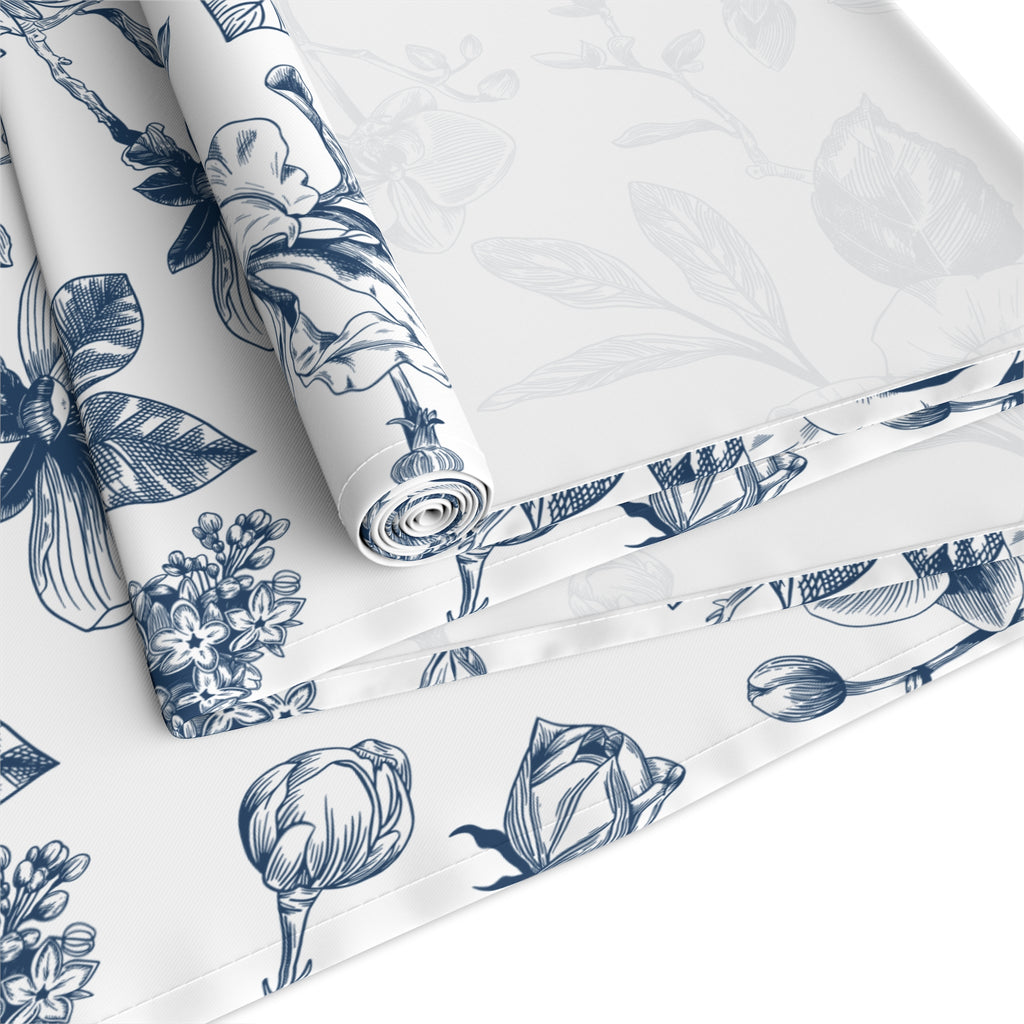 Chinoiserie Table Runner - Blue and White Floral Table Decor - Elegant Cotton Linen Runner for Dining Table, Wedding & Home Decor