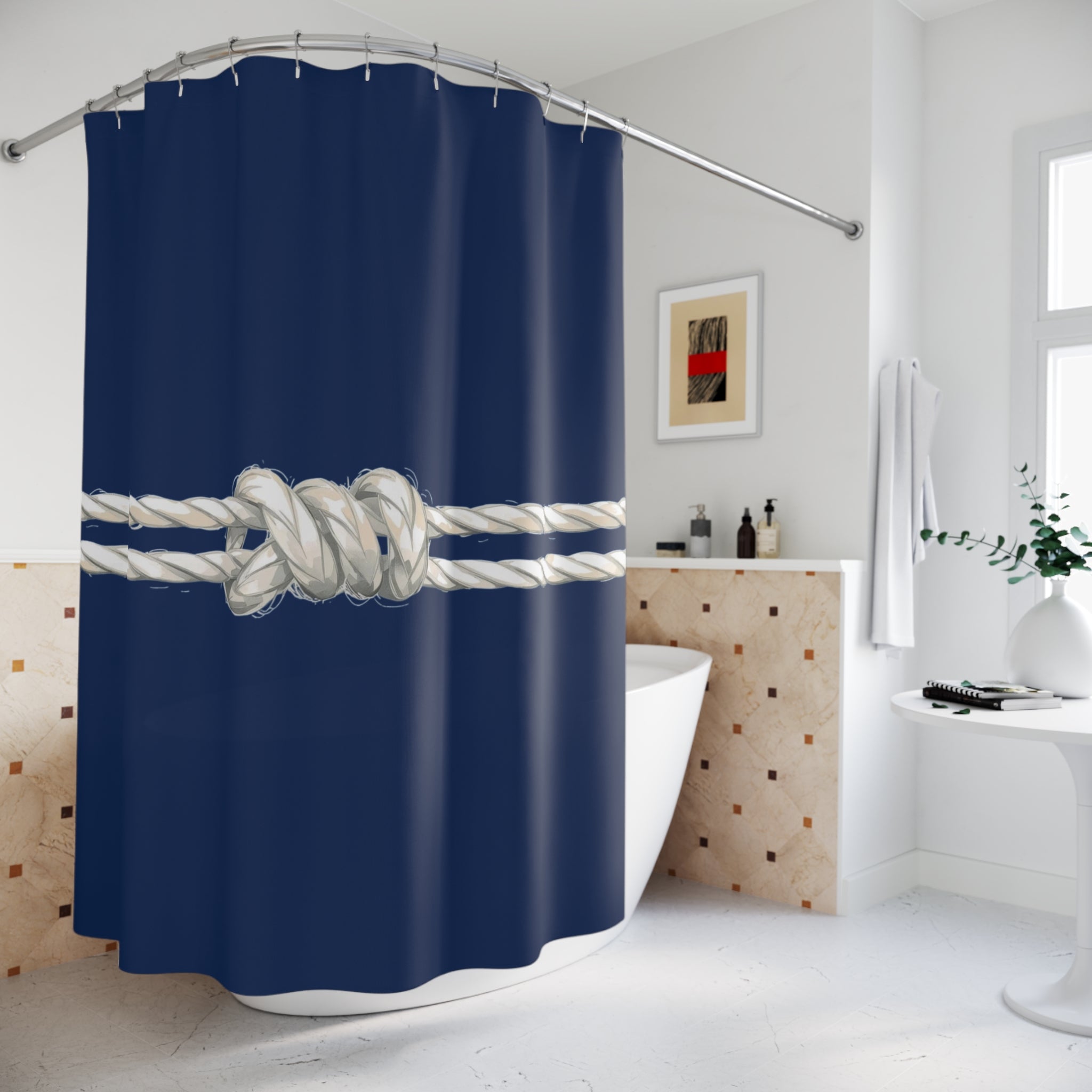 Nautical Knot Shower Curtain – Navy Rope Bathroom Decor