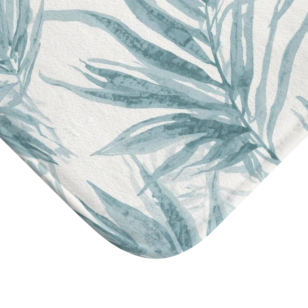 Tropical Palm Bath Mat — Soft Blue Botanical Bathroom Rug