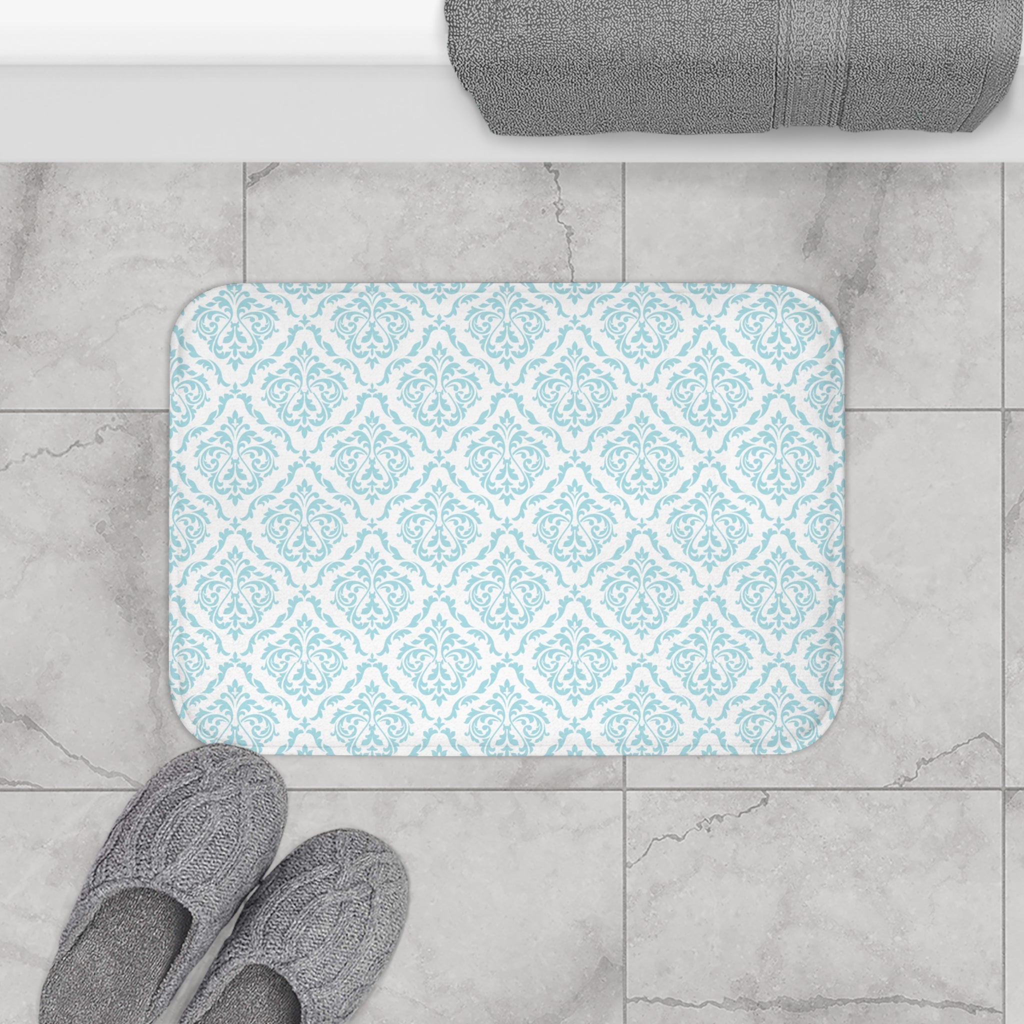 Elegant Blue Damask Bath Mat, Luxurious Bathroom Decor, Perfect Gift for Home, Spa, Housewarming, Holiday