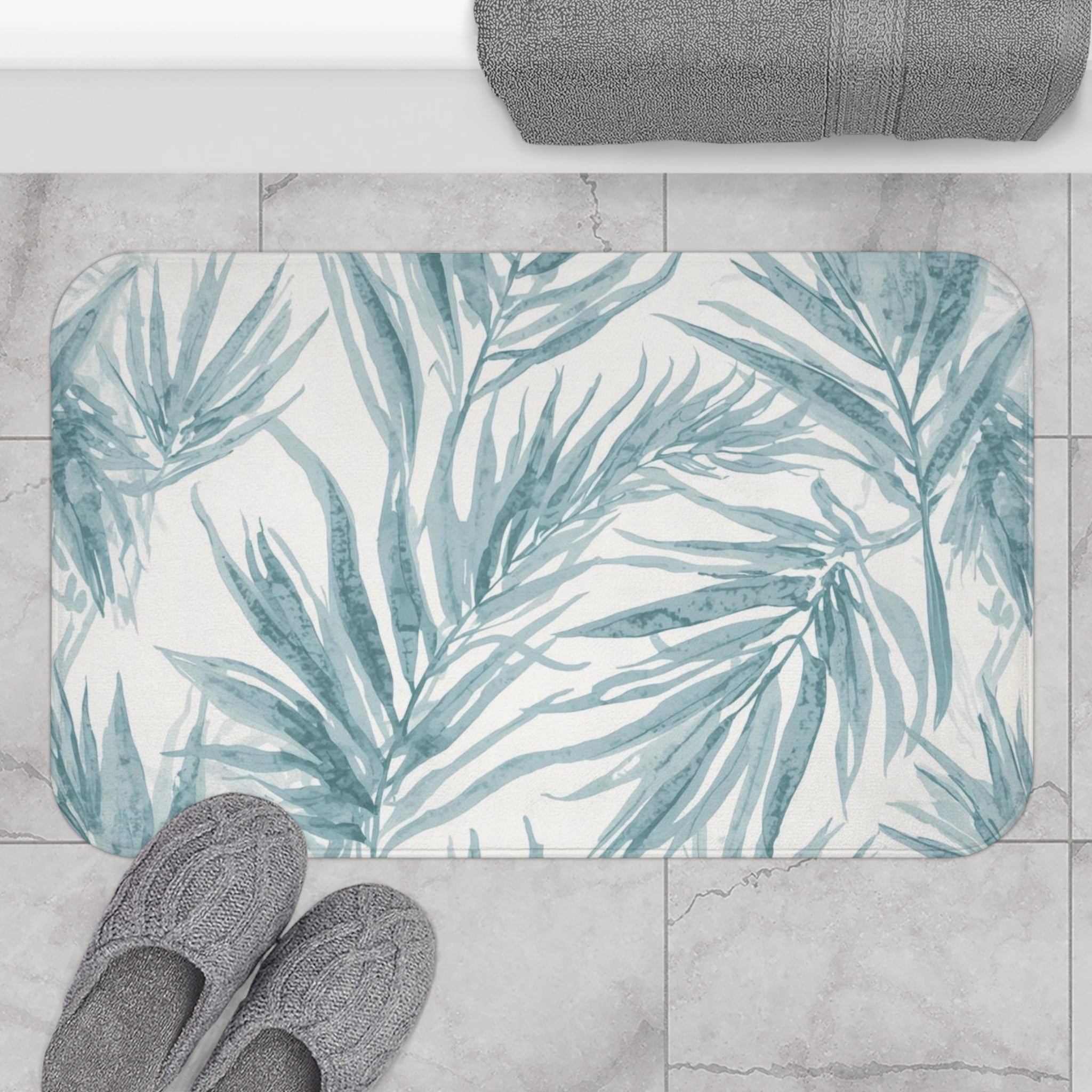 Tropical Palm Bath Mat — Soft Blue Botanical Bathroom Rug