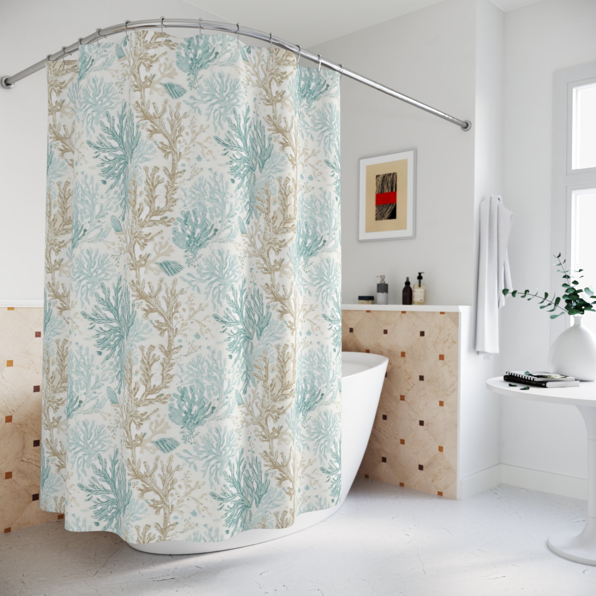 Coastal Coral Reef Shower Curtain — Teal & Sand Beach Bathroom Decor