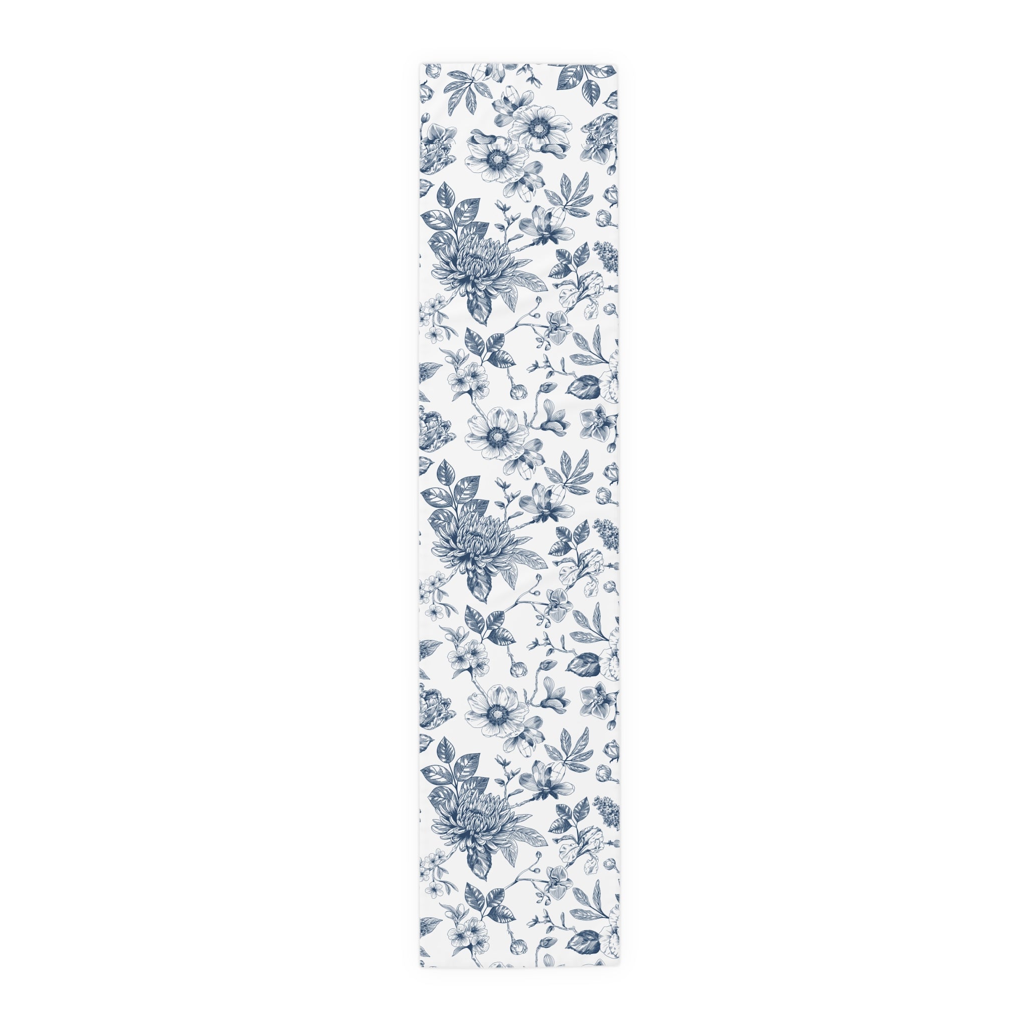 Chinoiserie Table Runner - Blue and White Floral Table Decor - Elegant Cotton Linen Runner for Dining Table, Wedding & Home Decor