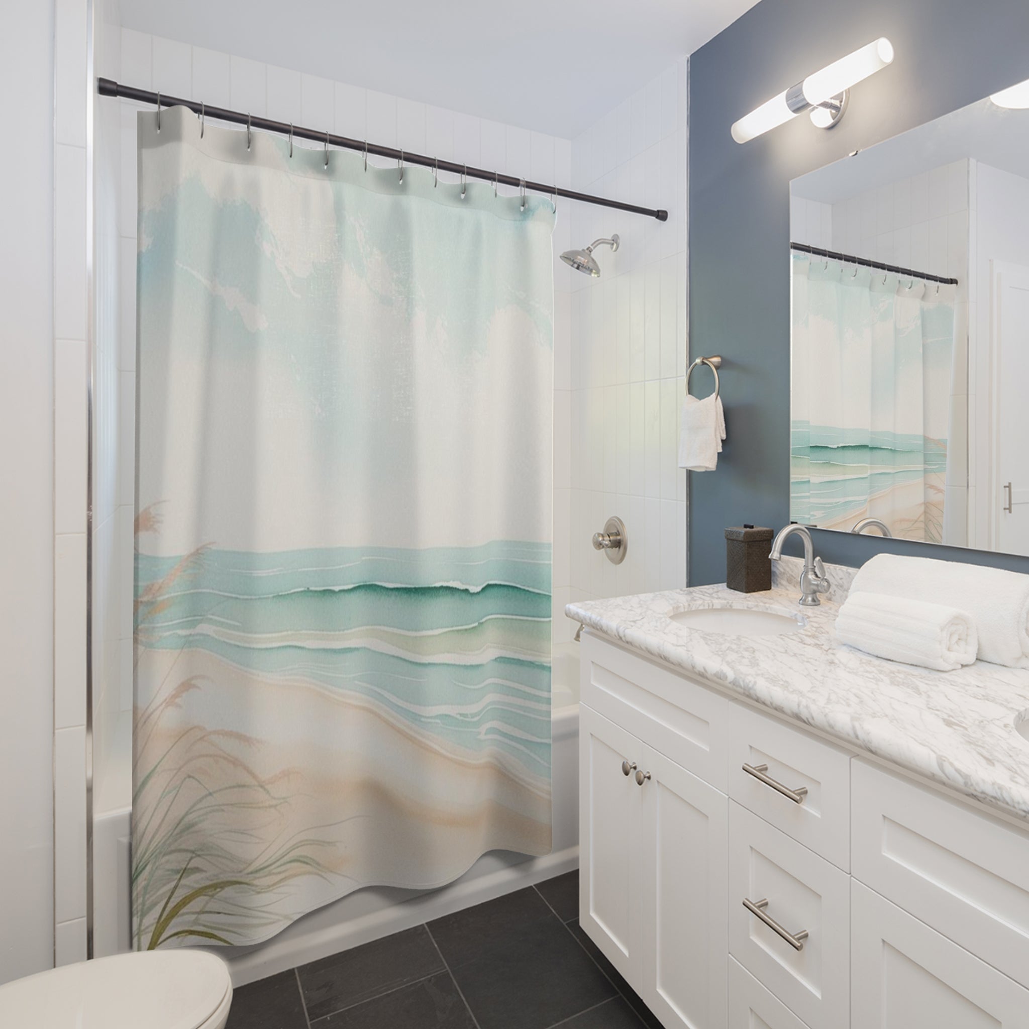 Coastal Shower Curtains, Beach House Bathroom Decor, Ocean Waves Waterproof Curtain, Seaside Home Interior Design, Nautical Bath