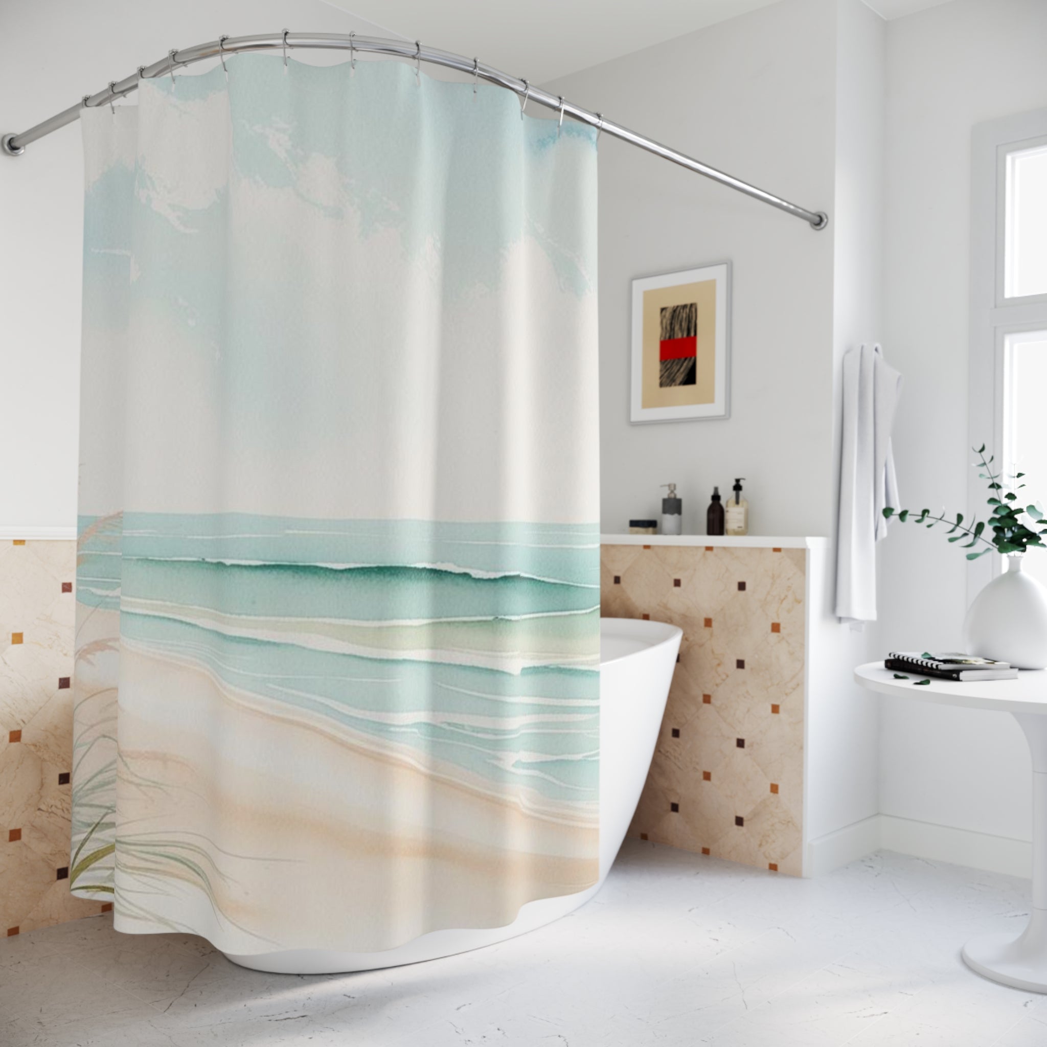 Coastal Shower Curtains, Beach House Bathroom Decor, Ocean Waves Waterproof Curtain, Seaside Home Interior Design, Nautical Bath