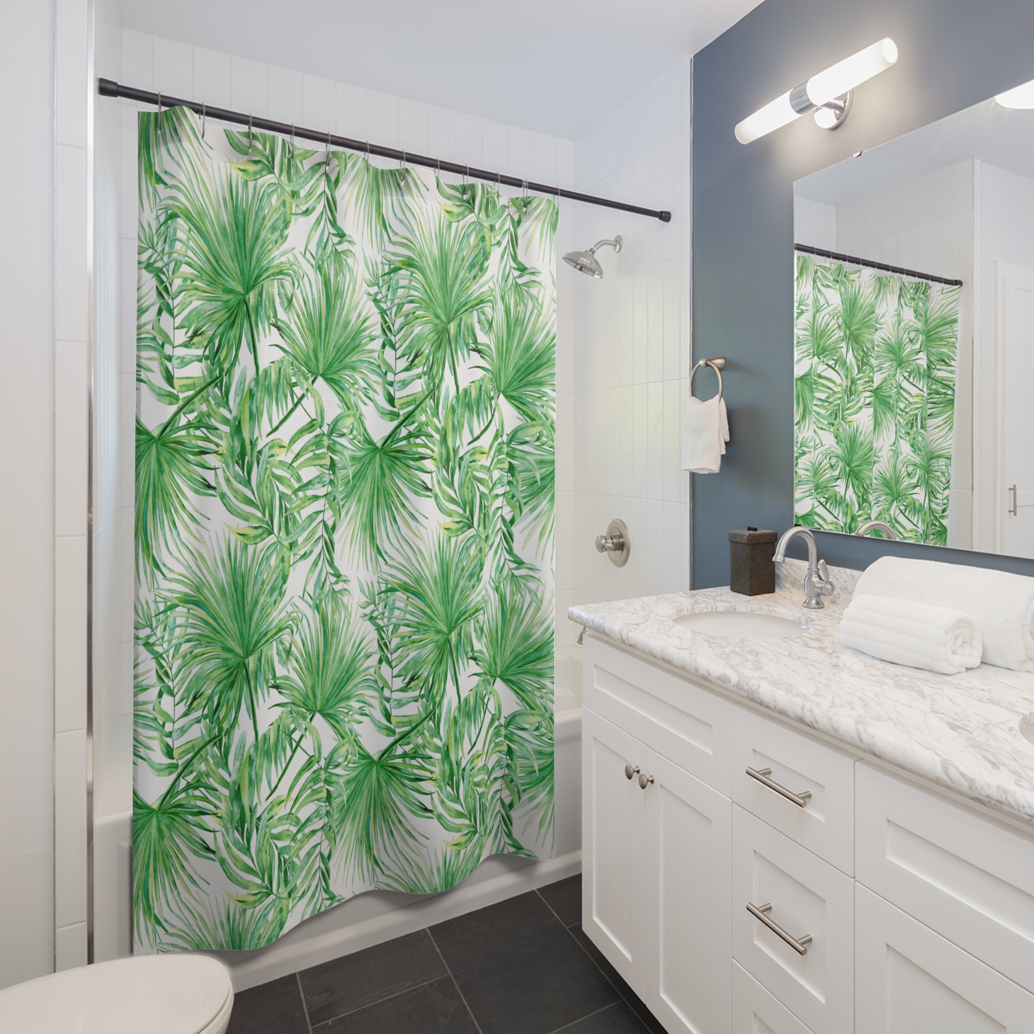 Tropical Palm Leaf Shower Curtain — Green Botanical Bathroom Décor