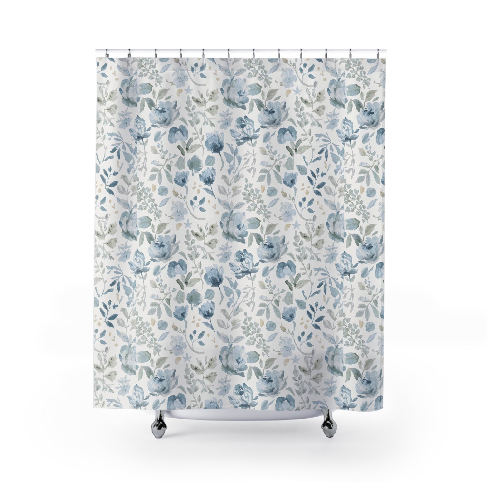 Blue Watercolor Floral Shower Curtain | Botanical Bathroom Decor
