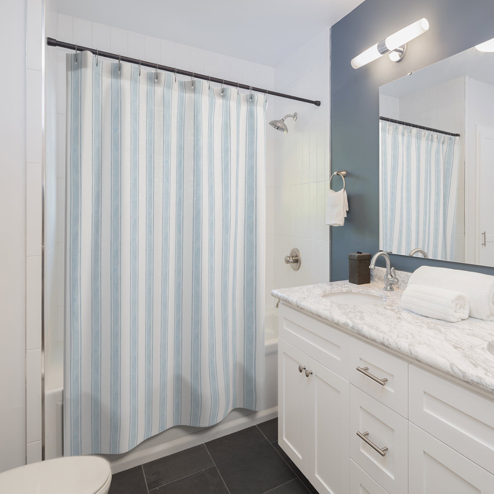 Soft Blue Vertical Stripe Bathroom Curtain