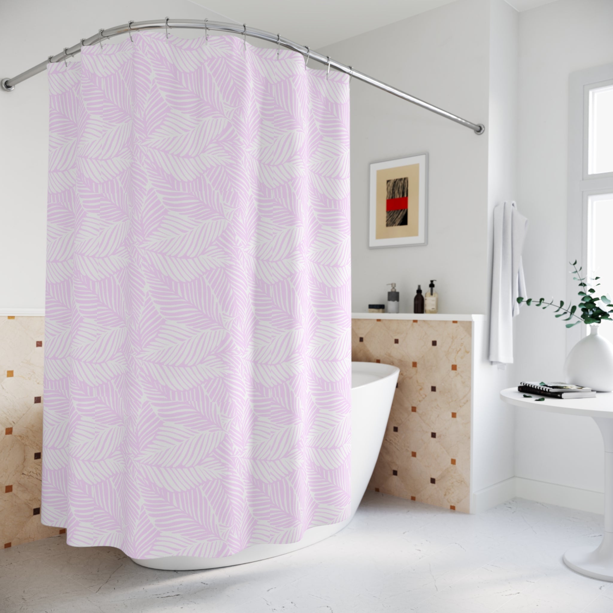 Pastel Leaf Pattern Shower Curtain | Pink Tropical Bathroom