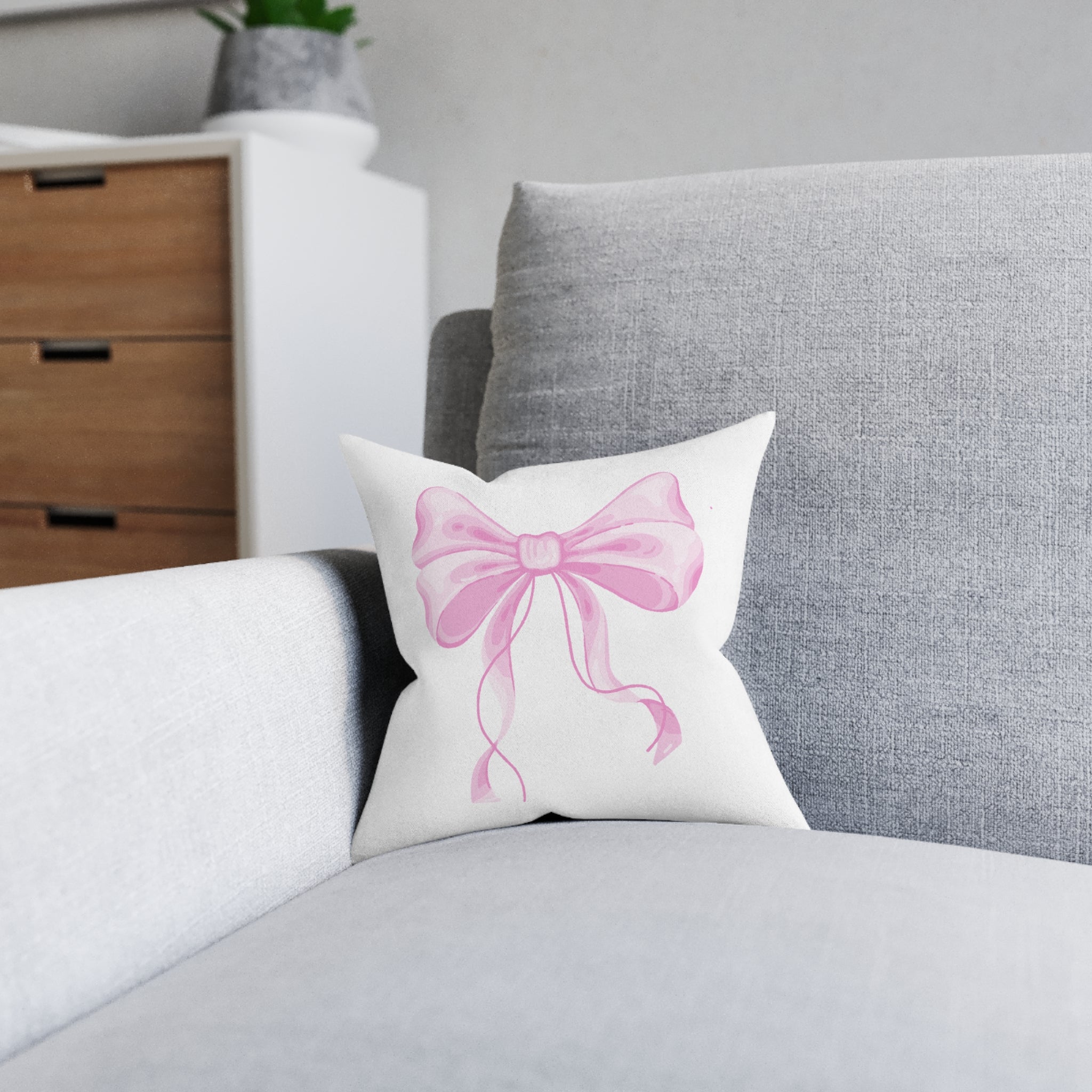 Pink Bow Decorative Square Pillow, Cute Home Decor, Gift for Her, Kids Room Decoration, Birthday Gift, Cozy Throw Cushion
