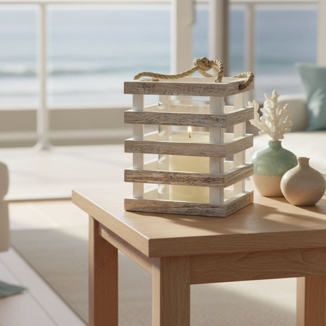 Coastal Wood Candle Holder with Glass Cylinder