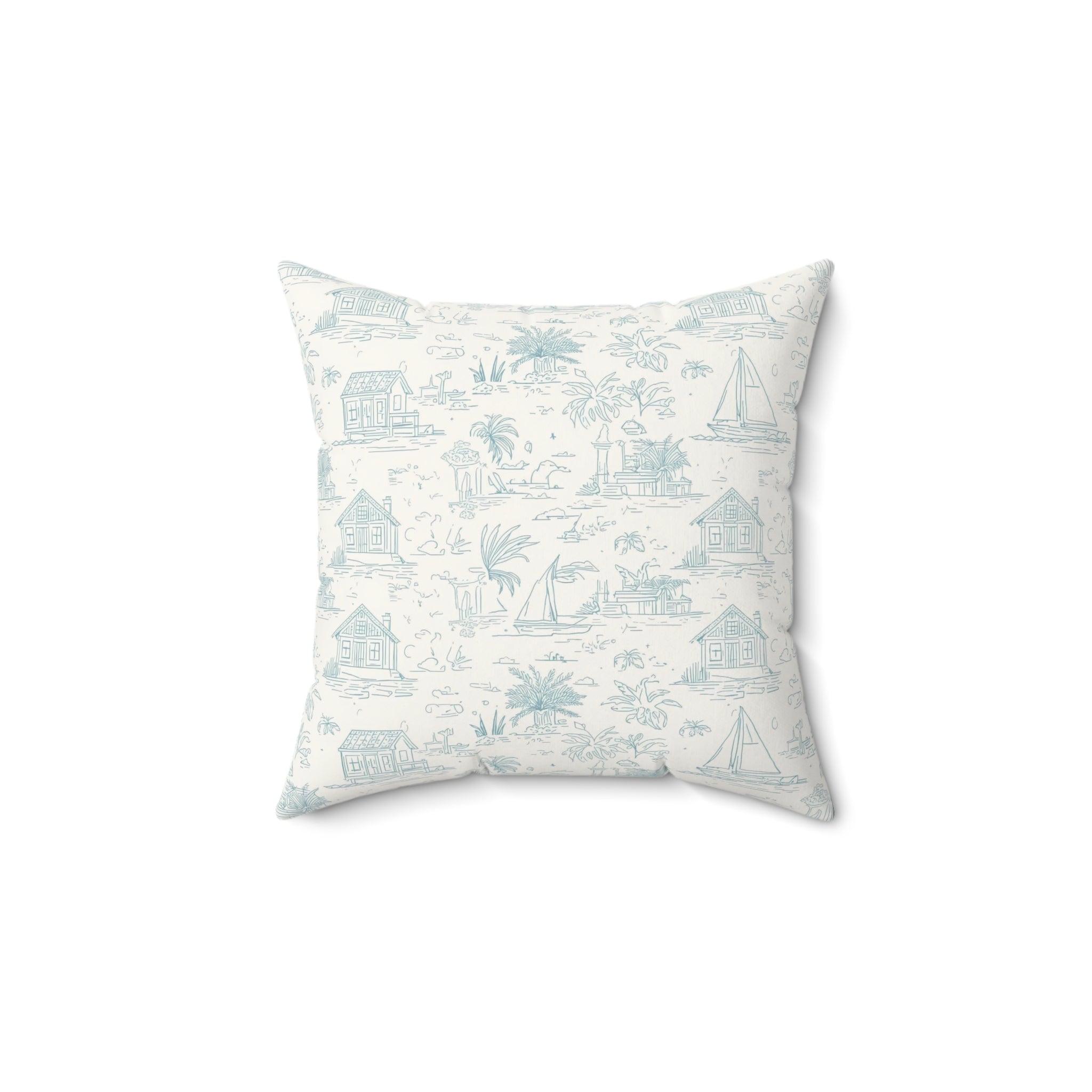 Coastal Toile Faux Suede Pillow — Nautical Beach Cottage Square Throw