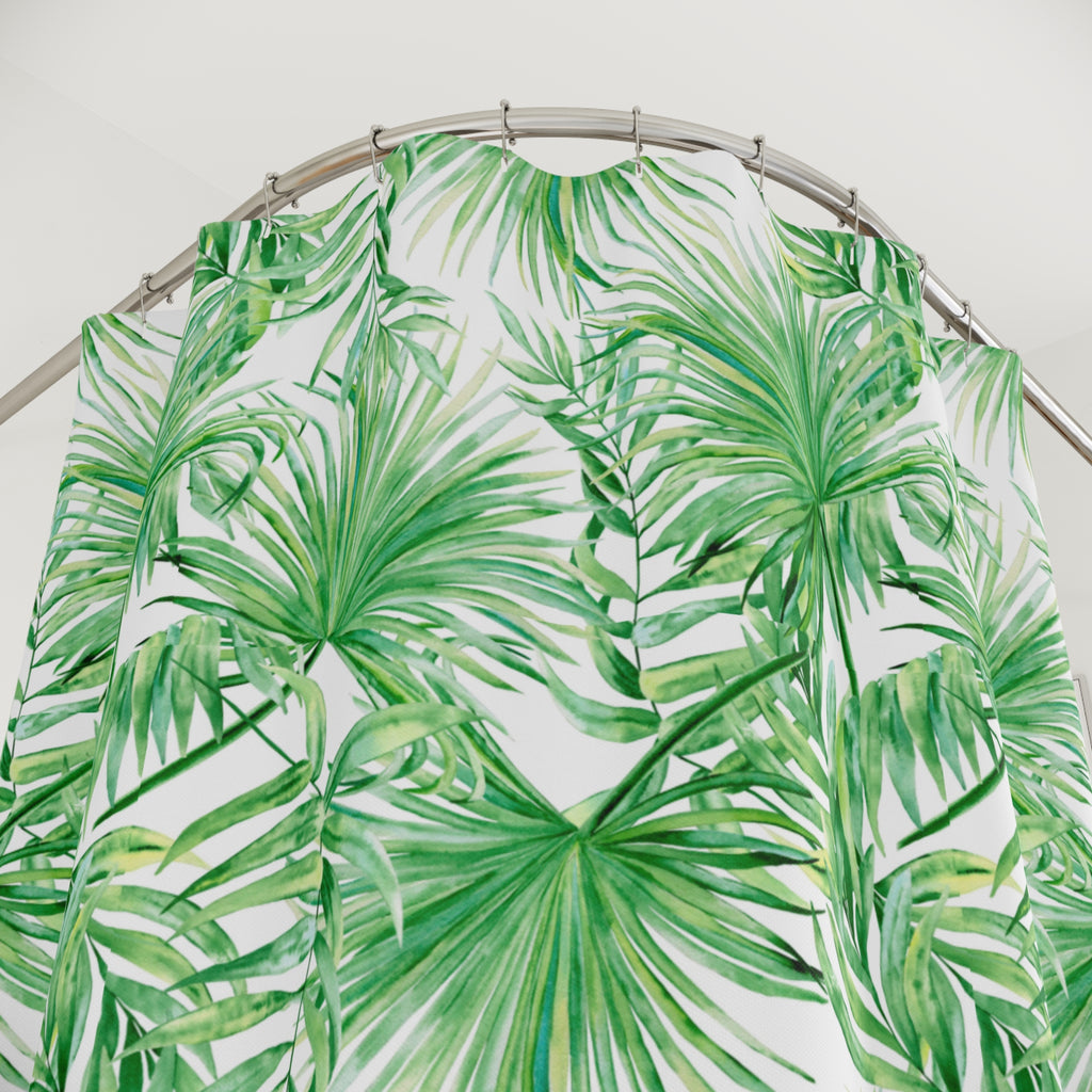 Tropical Palm Leaf Shower Curtain — Green Botanical Bathroom Décor