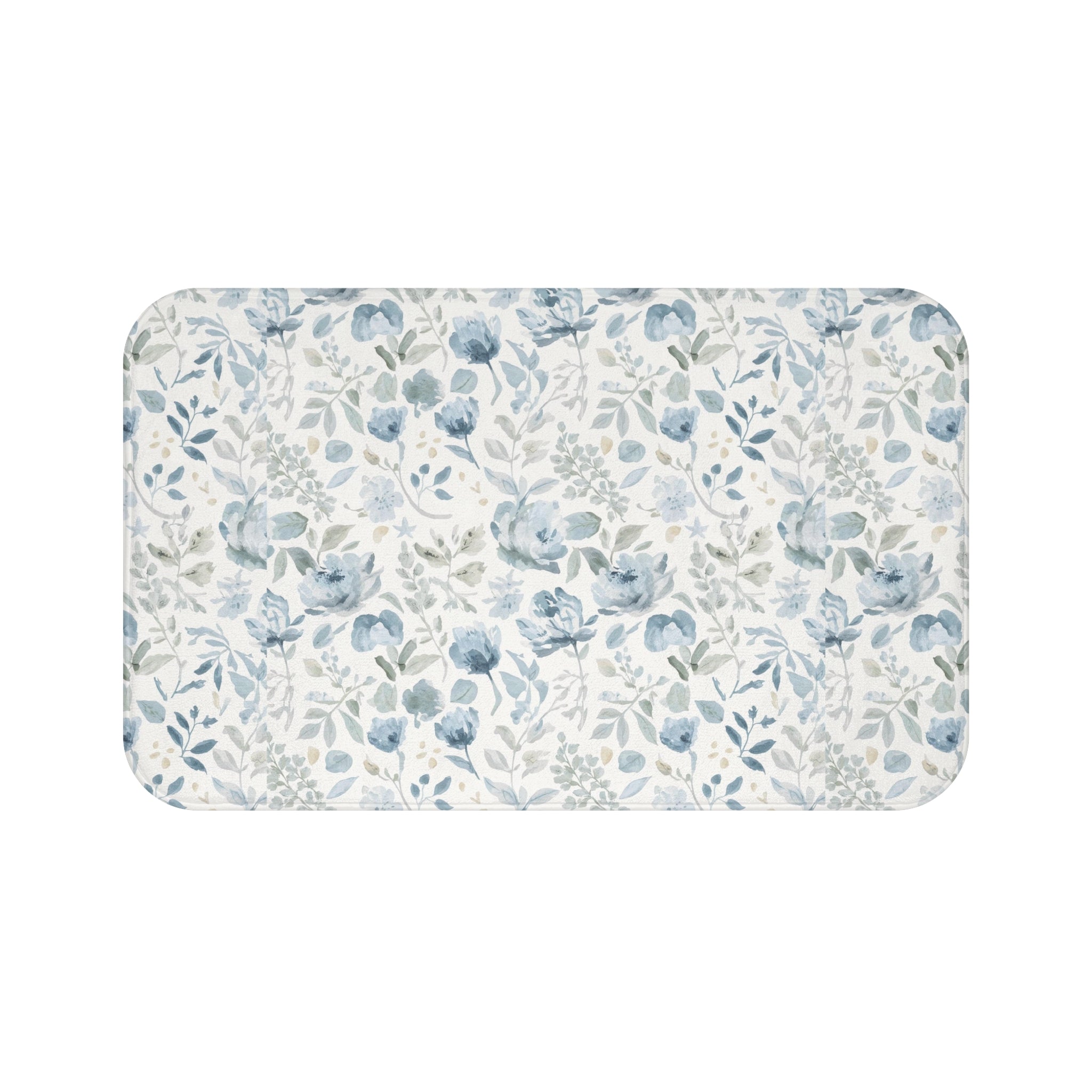 Blue Watercolor Floral Bath Mat | Botanical Leaves Pattern