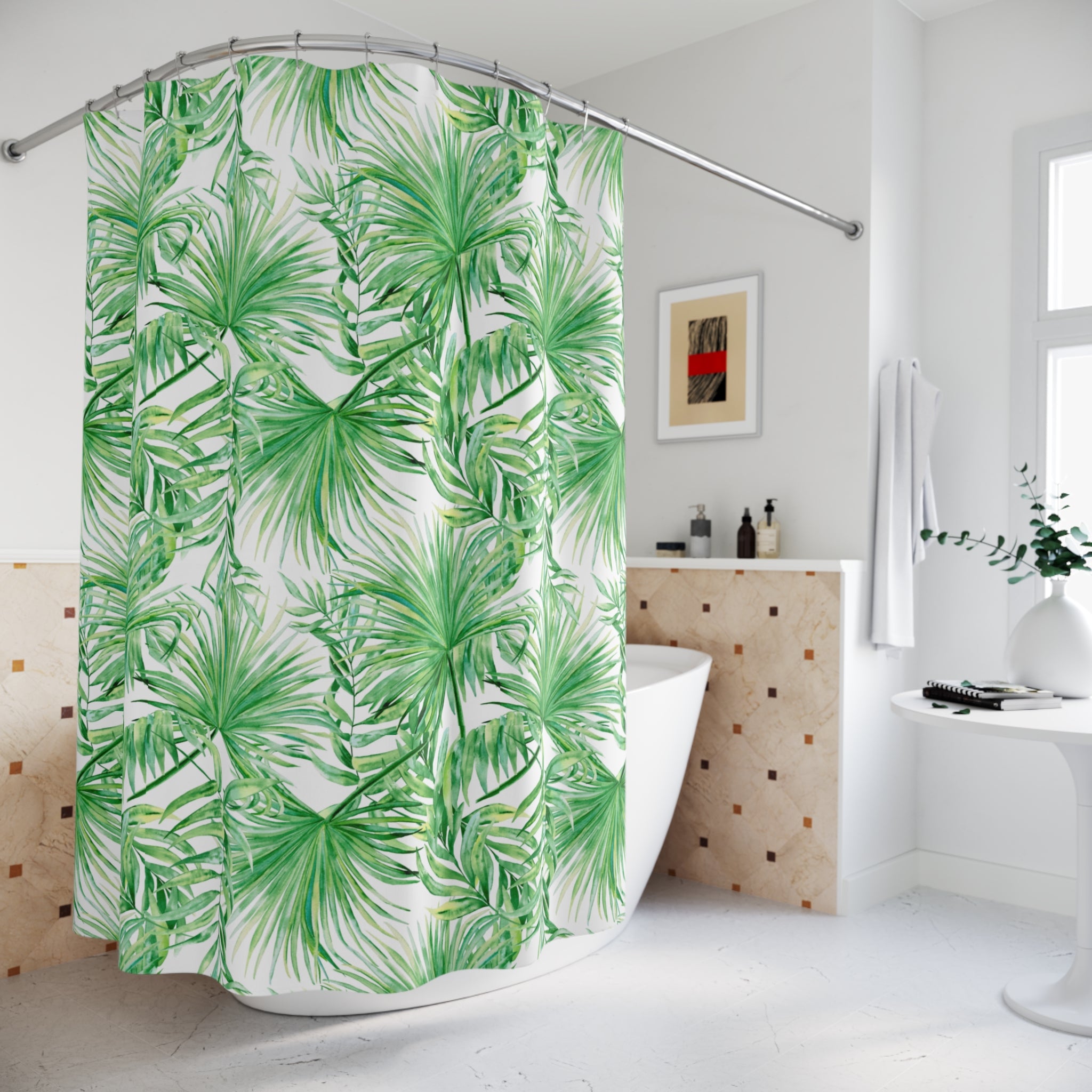 Tropical Palm Leaf Shower Curtain — Green Botanical Bathroom Décor
