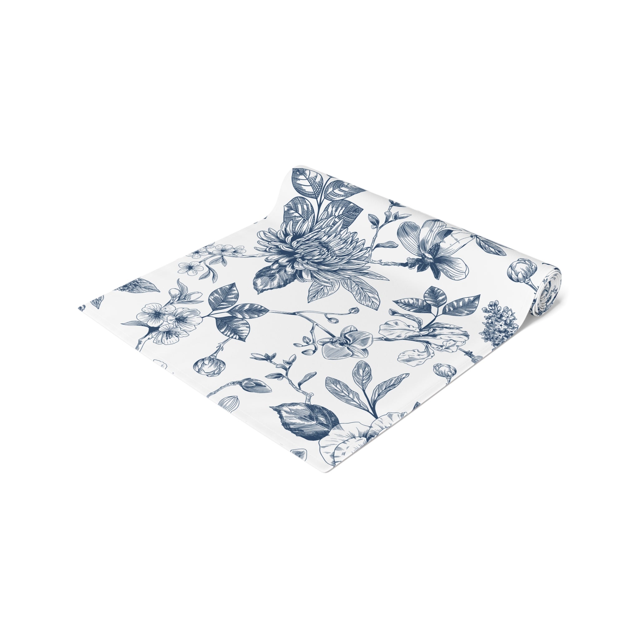 Chinoiserie Table Runner - Blue and White Floral Table Decor - Elegant Cotton Linen Runner for Dining Table, Wedding & Home Decor