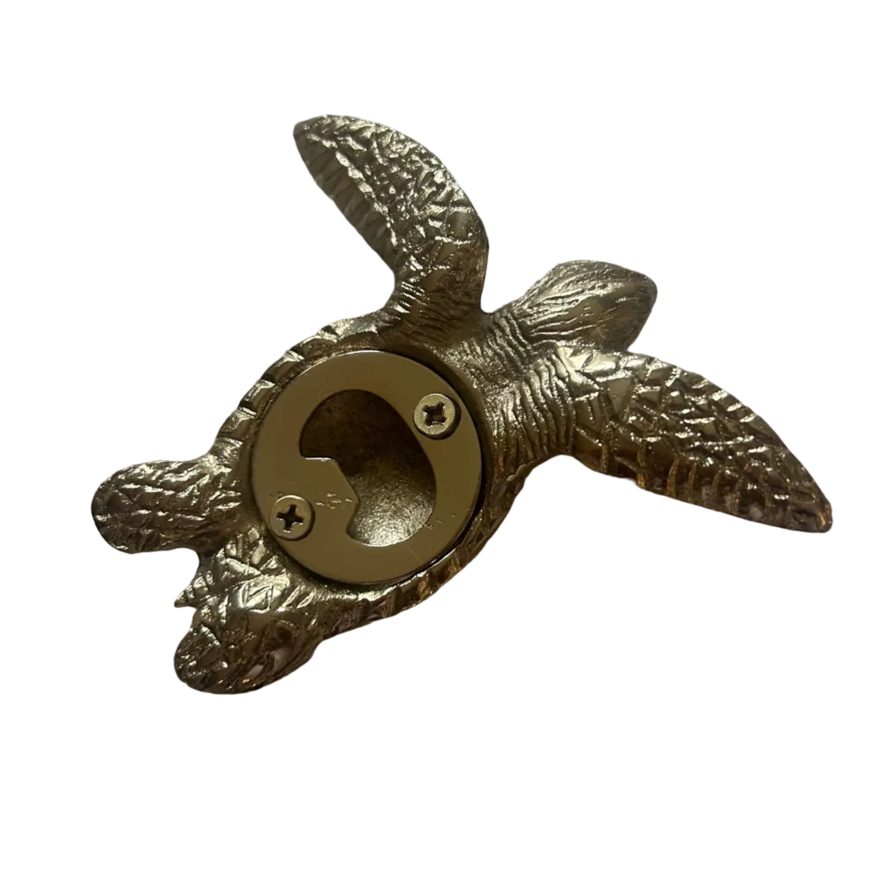 Gold turtle-shaped bottle opener with a center circular cap slot.