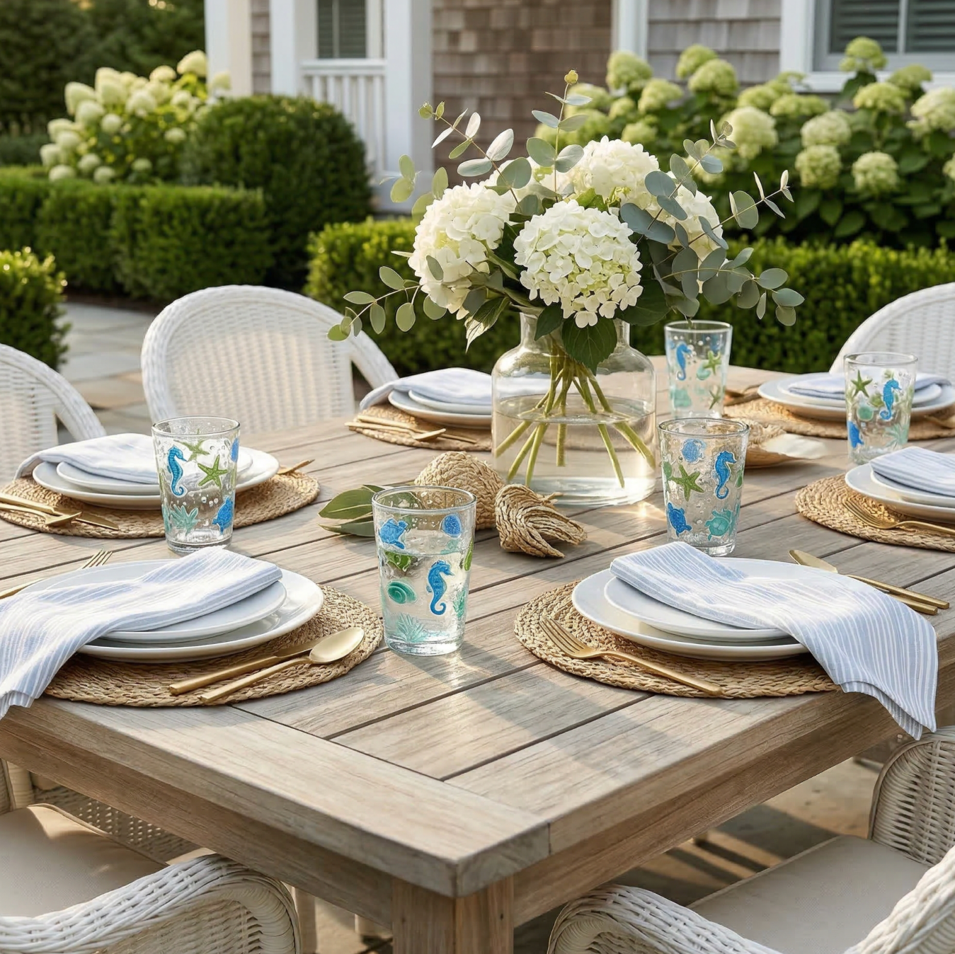 Ocean Creature Texutured Acrylic Glasses, set of 2, sea-life pattern with seahorses on an outdoor dining table.