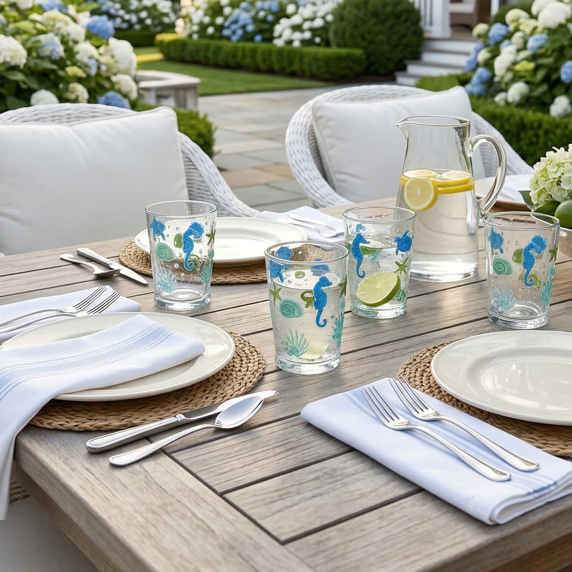 Ocean Creature Texutured Acrylic Glasses, set of 2 with seahorse design; not microwave safe, cold drinks only