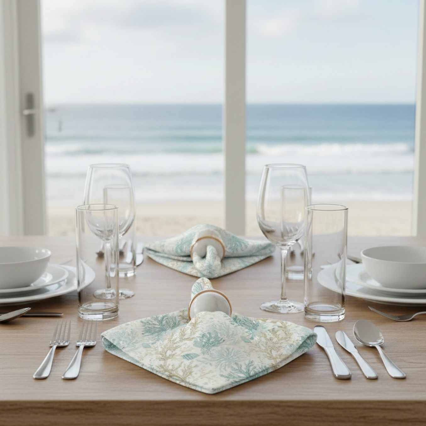 Aqua Coral Linen Napkins Set of 4 arranged on a breezy beach table with a coral motif.