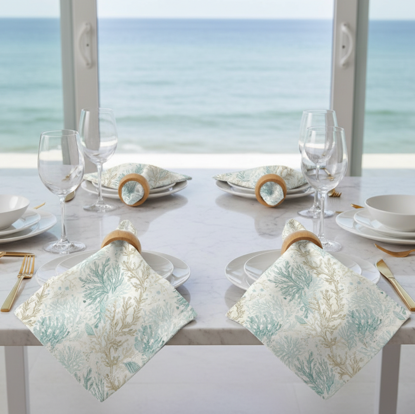 Aqua Coral Linen Napkins set of 4 on a marble dining table with a coral pattern in soft blue and aqua, ocean view.
