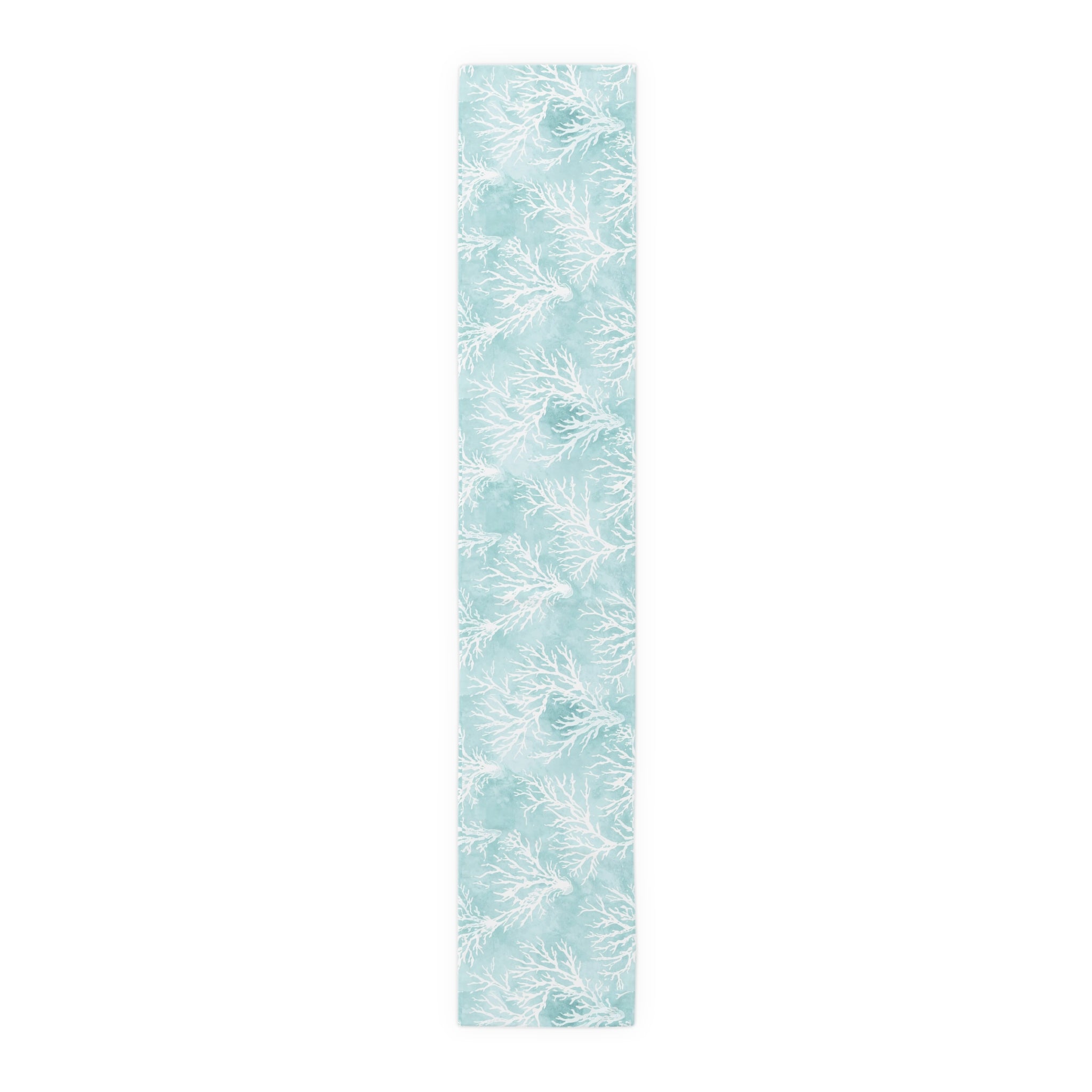 Aqua Sea Coral Pattern Table Runner with seafoam background and white coral silhouettes.