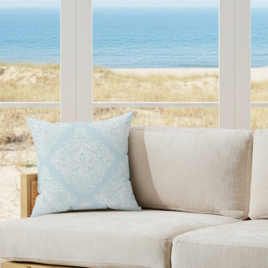 Light Blue Aqua Damask Throw Pillow