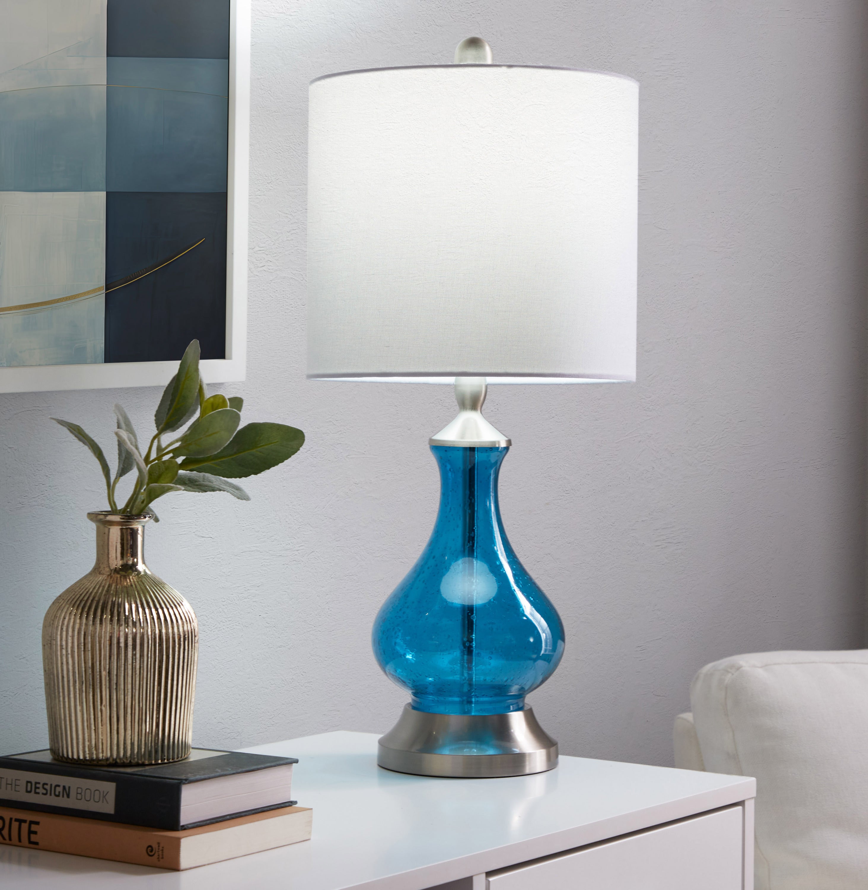 Coastal Blue Seeded Glass Drum Shade Table Lamp