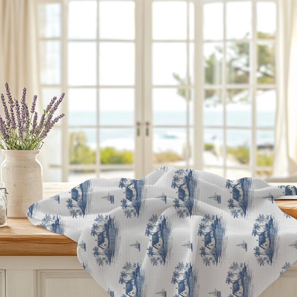 Coastal Toile Microfiber Tea Towel - Blue Island & Sailboat Pattern