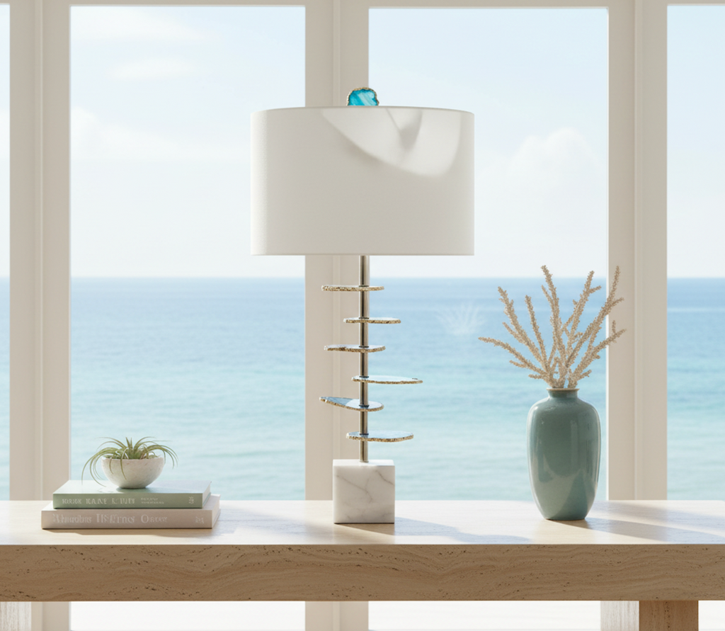 Coastal Blue & White Agate Table Lamp with Marble Base