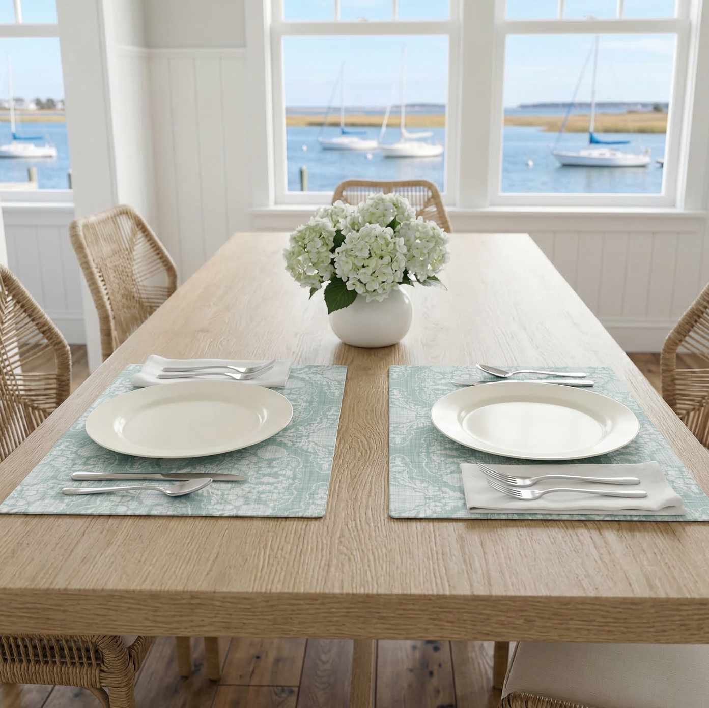 Aqua Seahorse Damask Placemat on a wooden dining table with two place settings and a hydrangea centerpiece.