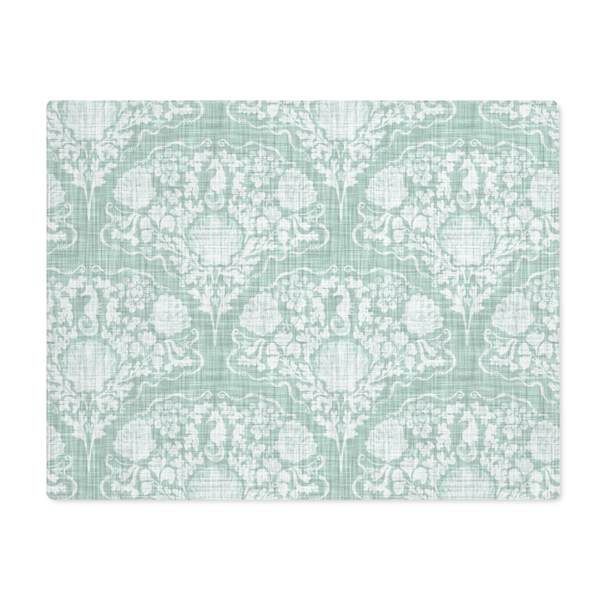 Aqua Seahorse Damask Placemat with teal damask pattern and seahorse accents.