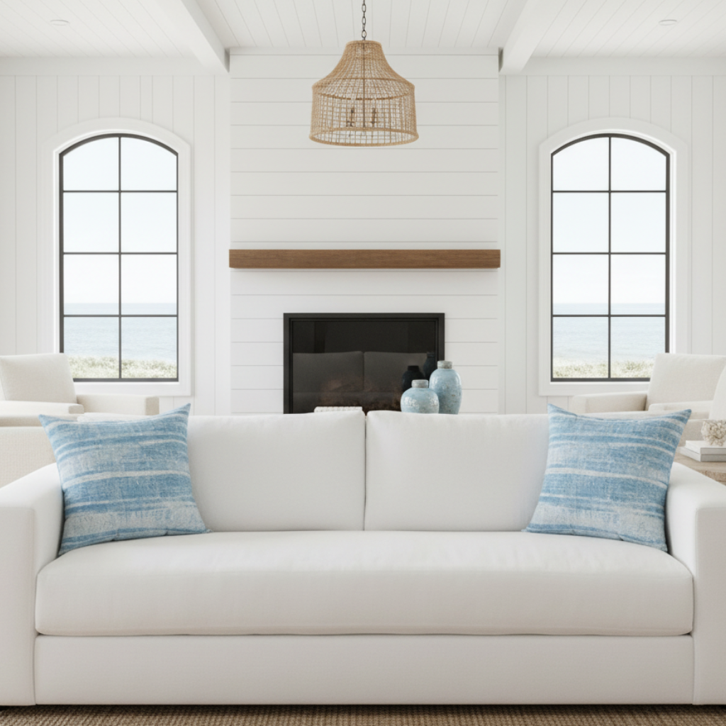 Blue striped coastal throw pillow with pale blue and white watercolor stripes on white sofa.