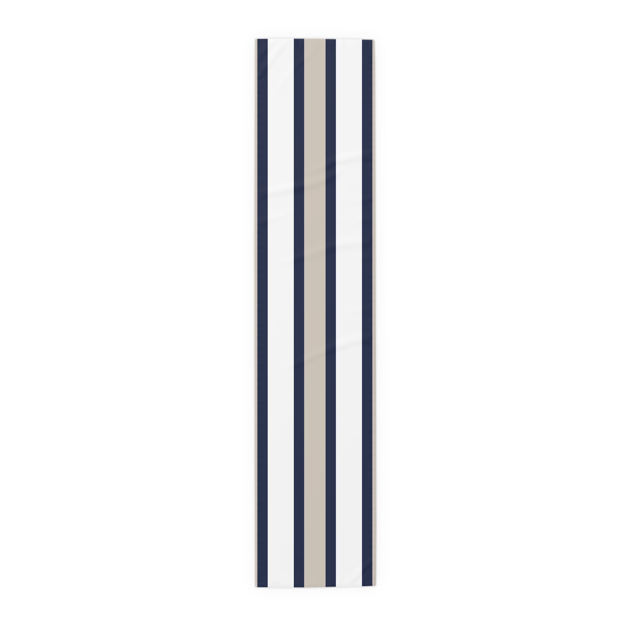 Navy and sand striped table runner for coastal farmhouse dining, with vertical navy, sand, and white stripes.