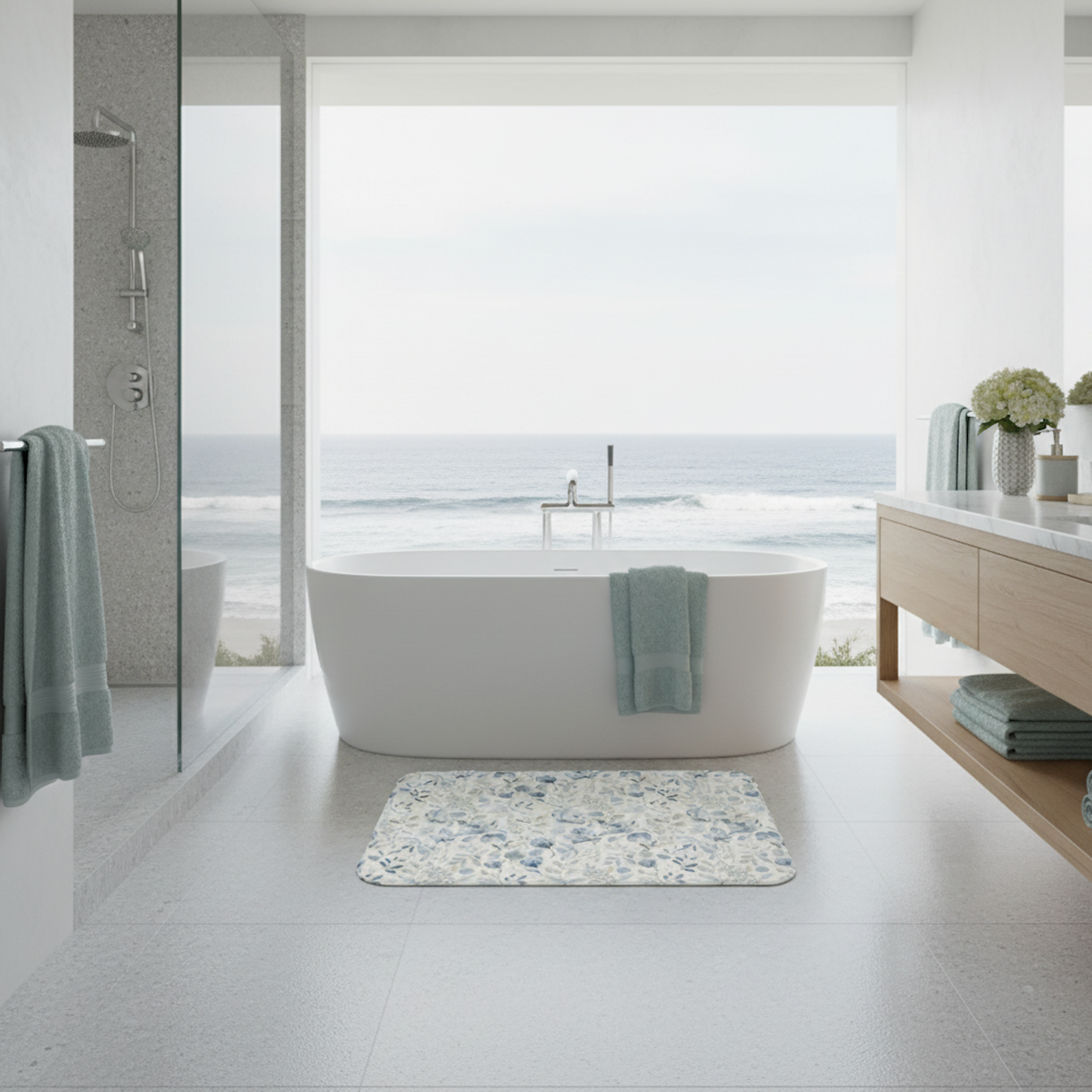 Blue Watercolor Floral Bath Mat | Botanical Leaves Pattern