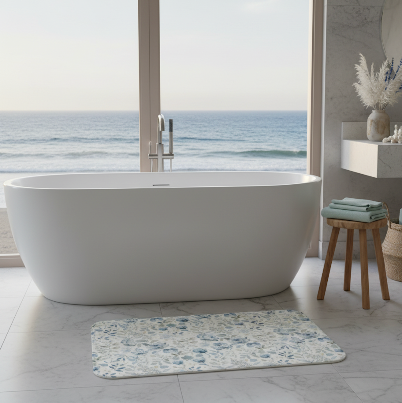 Blue Watercolor Floral Bath Mat | Botanical Leaves Pattern