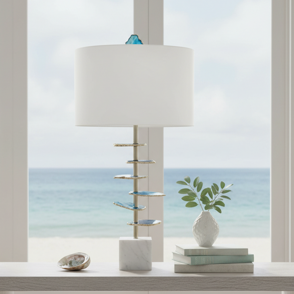 Coastal Blue & White Agate Table Lamp with Marble Base