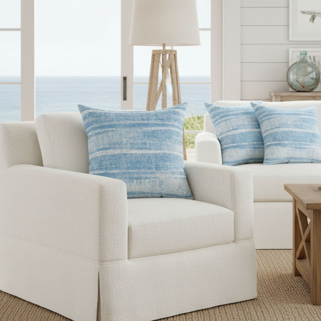 Blue striped coastal throw pillow on a white sofa, pale blue watercolor stripes, ocean view.