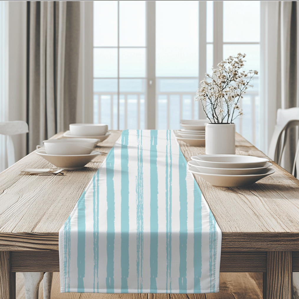 Coastal Blue Watercolor Striped Table Runner