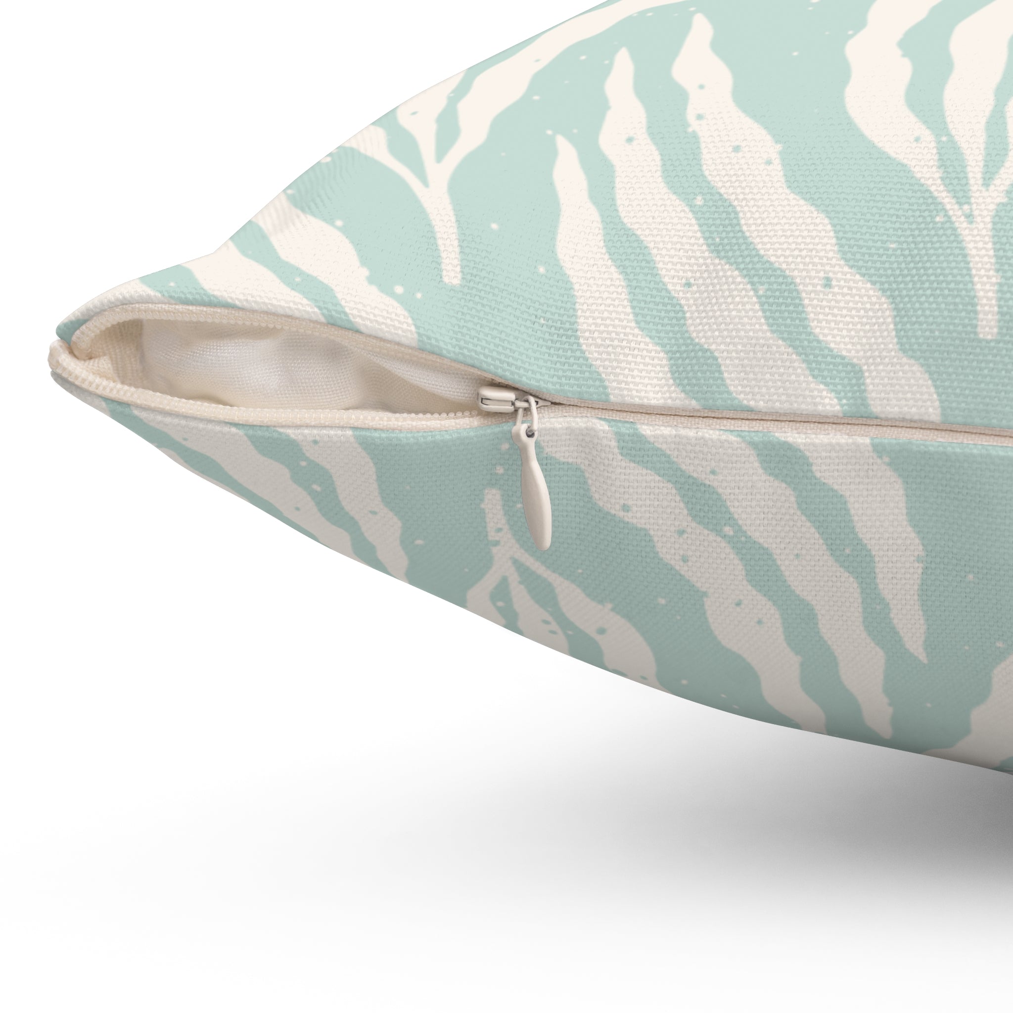 Aqua Leaf Pattern Throw Pillow with seafoam background and cream flowing leaf brushstrokes, zipper detail.