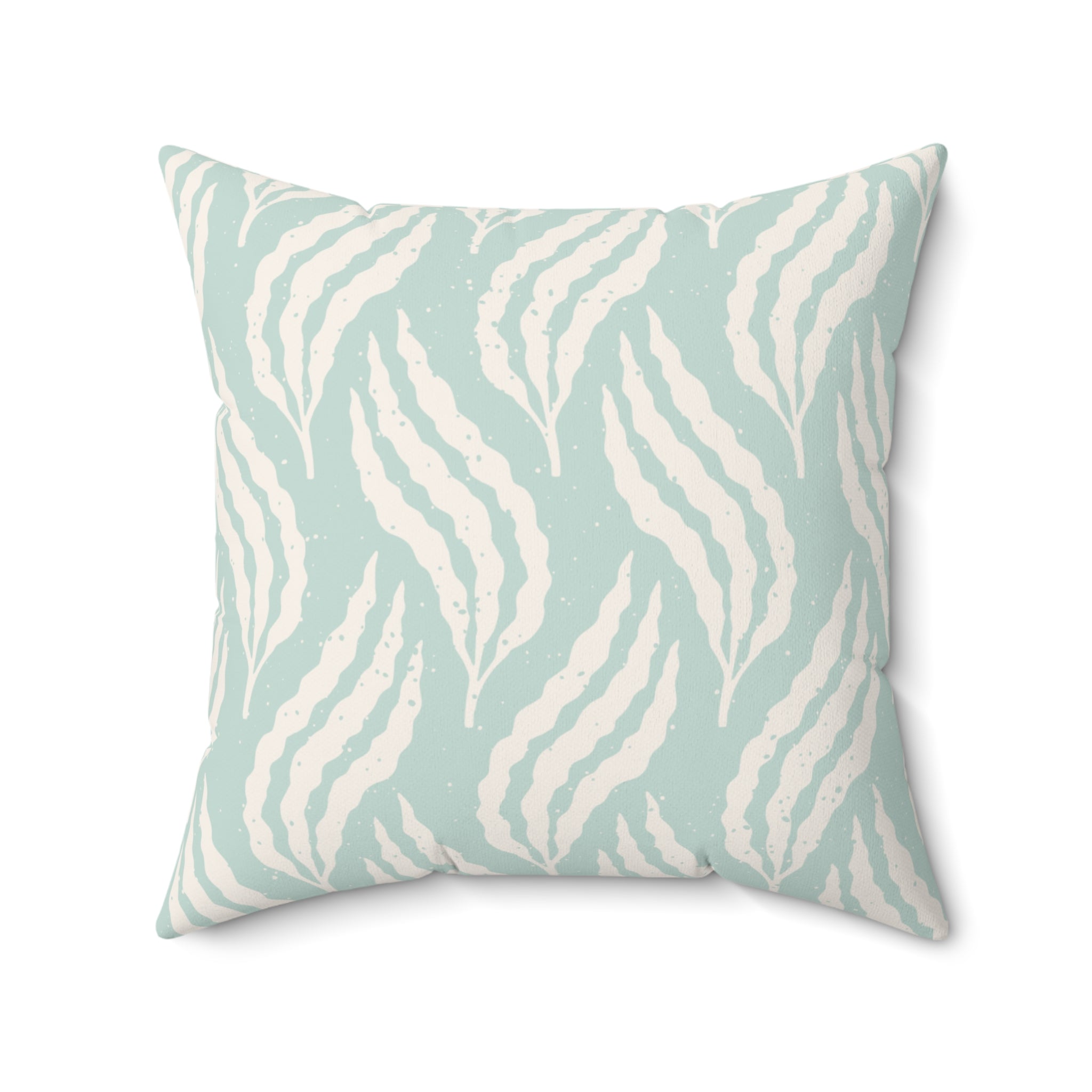 Aqua Leaf Pattern Throw Pillow with seafoam background and flowing cream leaf strokes.