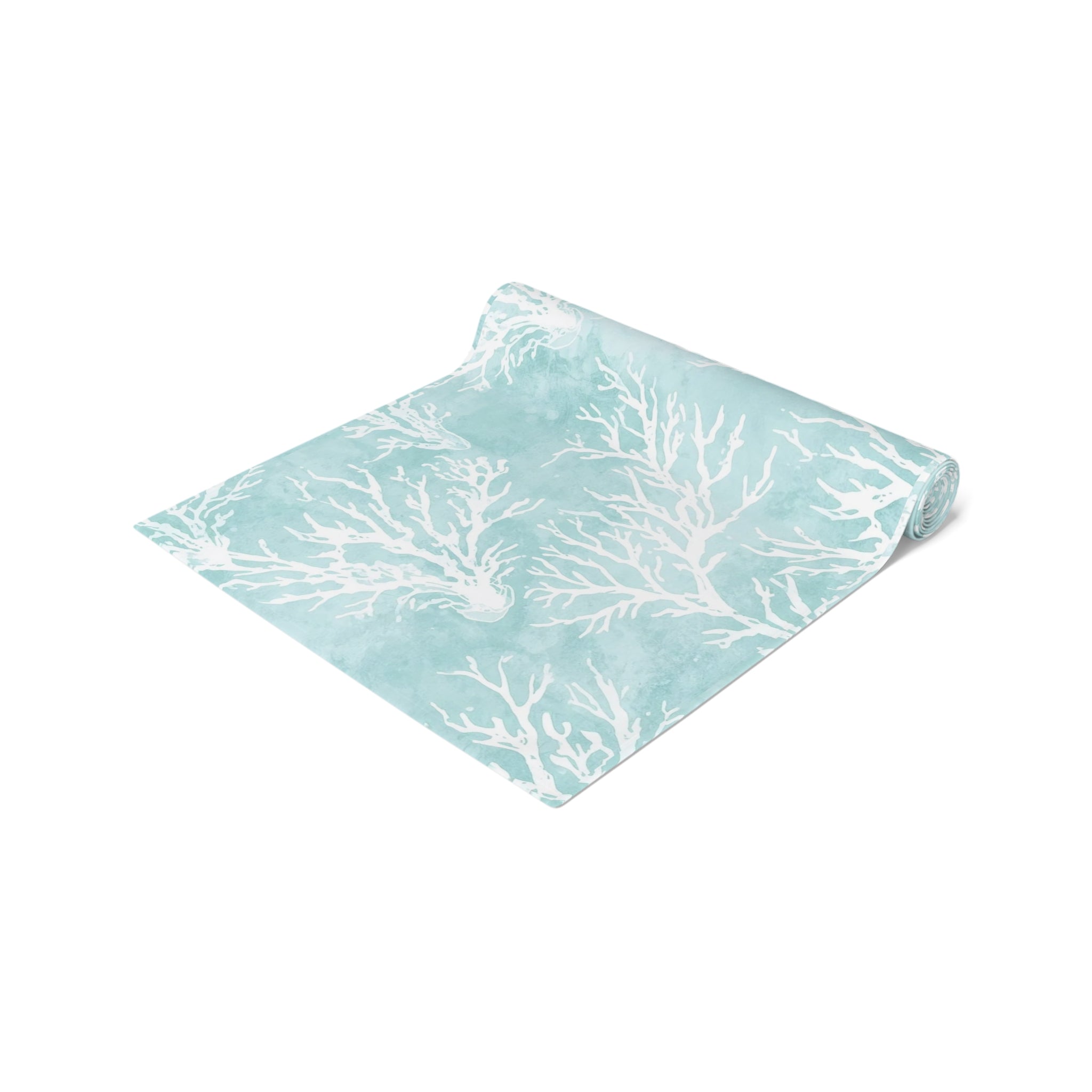 Aqua Sea Coral Pattern Table Runner with white coral silhouettes on a seafoam backdrop.