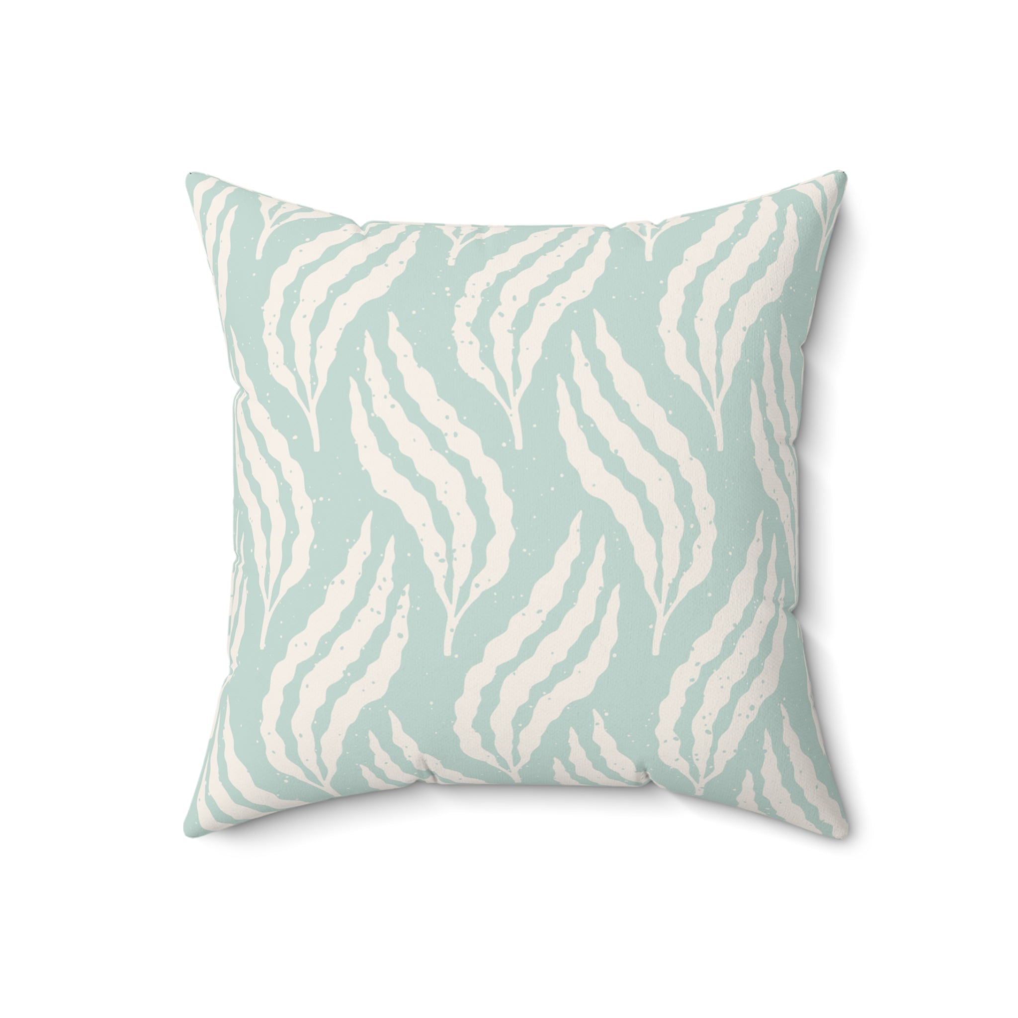 Aqua Leaf Pattern Throw Pillow with seafoam backdrop and white flowing leaf motifs.