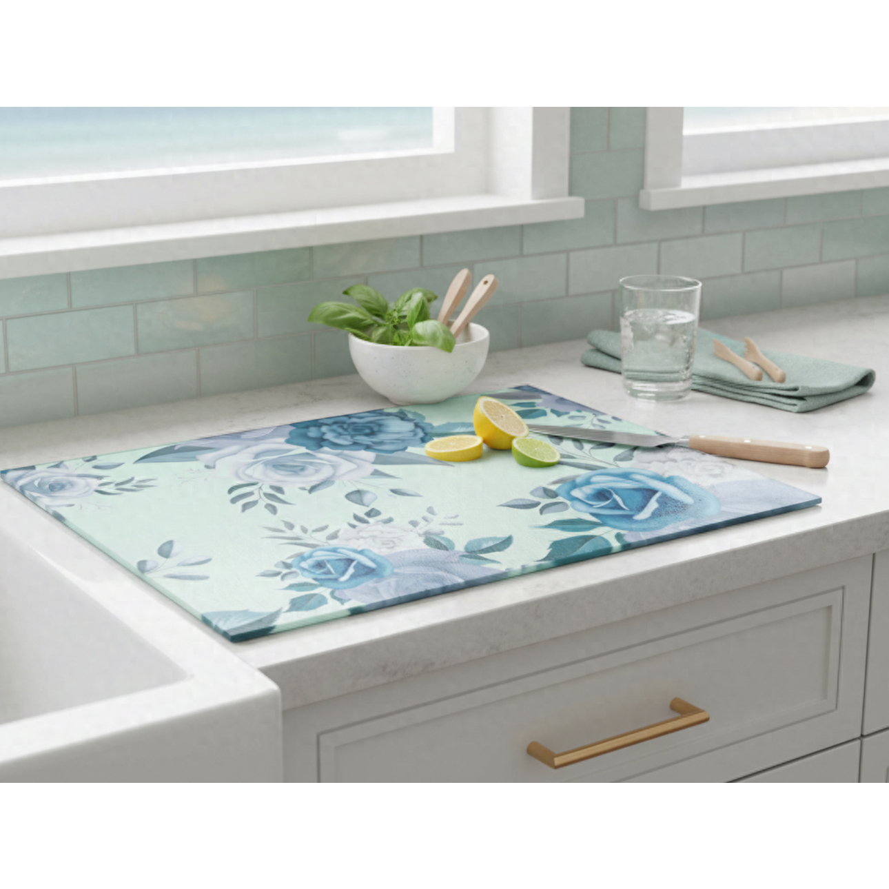 Blue Floral Glass Cutting Board