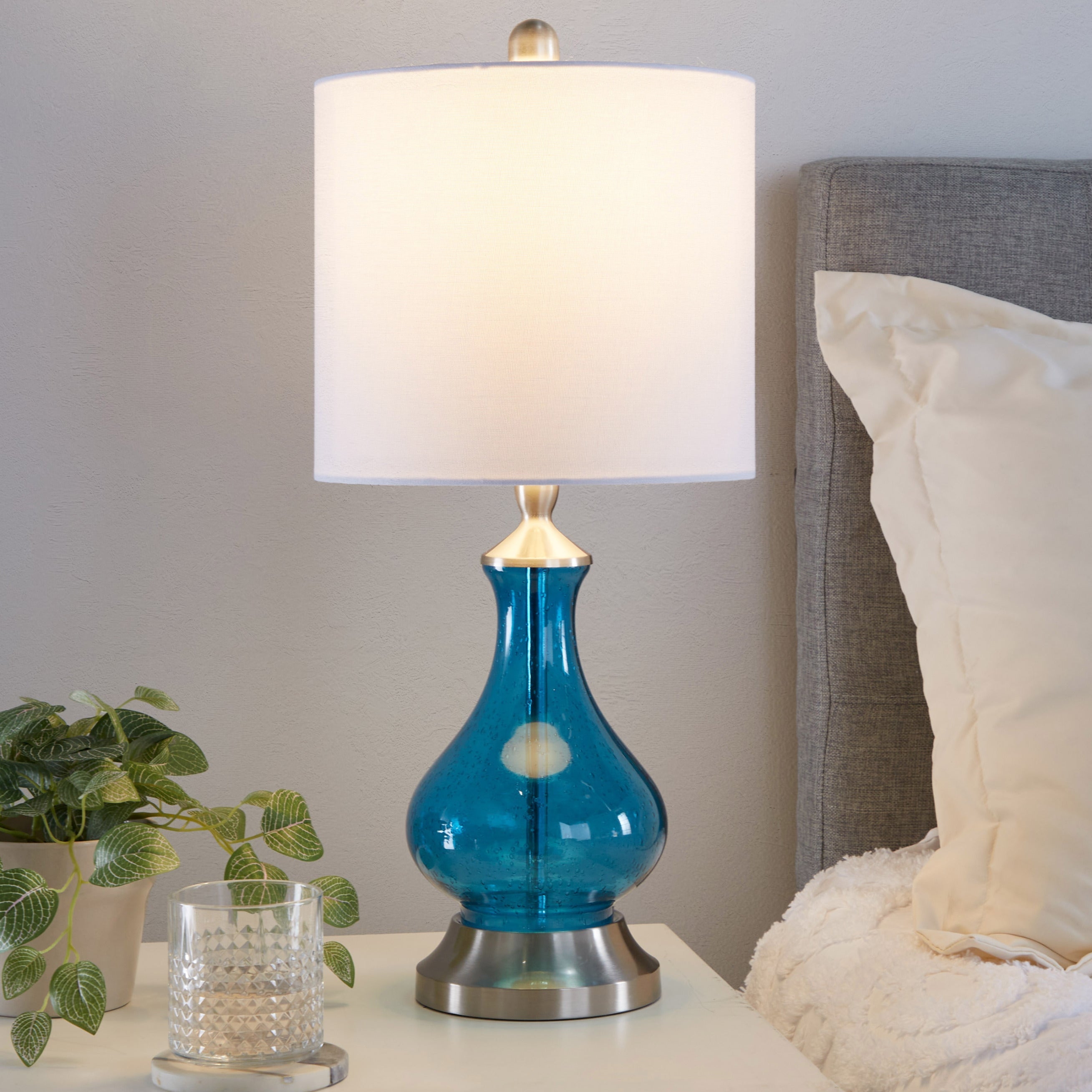 Coastal Blue Seeded Glass Drum Shade Table Lamp