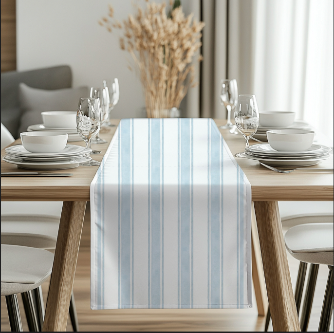 Soft Blue Striped Table Runner