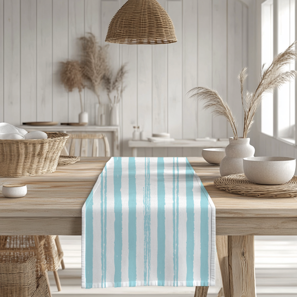 Coastal Blue Watercolor Striped Table Runner