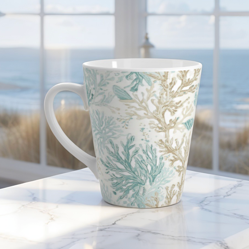 Seafoam Coral Latte Mug — Coastal Floral Ceramic Coffee Cup